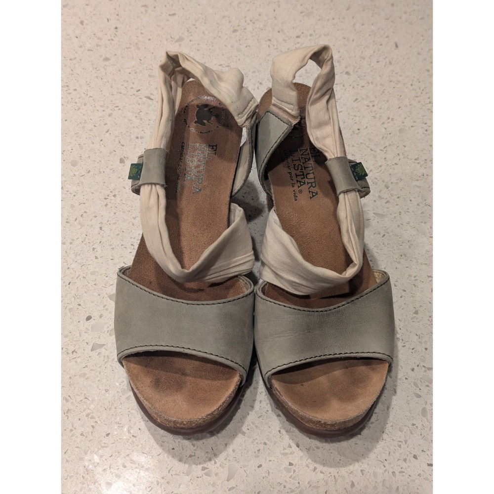 El Naturalista Block Heeled Sandals Ankle Strap Tan Fabric Green Leather  37 / 7 - Picture 2 of 11